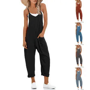 YeeZaa Women's Casual Jumpsuit V-Neck Sleeveless Harem Overalls Elastic Adjustable Straps Jumpsuit with Pockets Light Soft