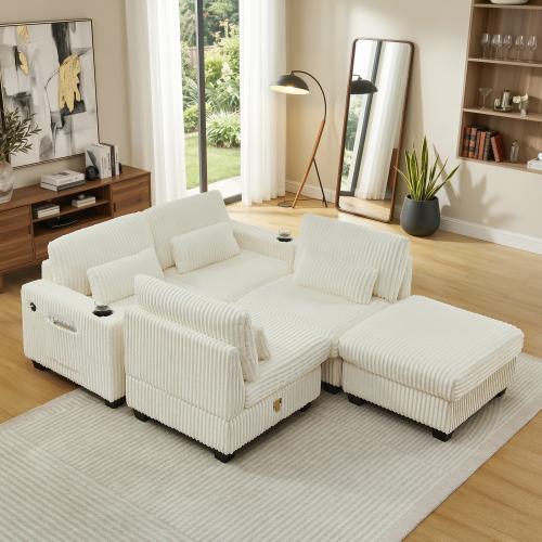 【3-Piece Set 】Niccae 126" Oversized Sectional Couch for Living Room, L-Shaped Modular Corduroy Sofa with Ottoman, Cup Holders, 4-Seater Convertible Design, Charge Port, Waist & Back Pillows