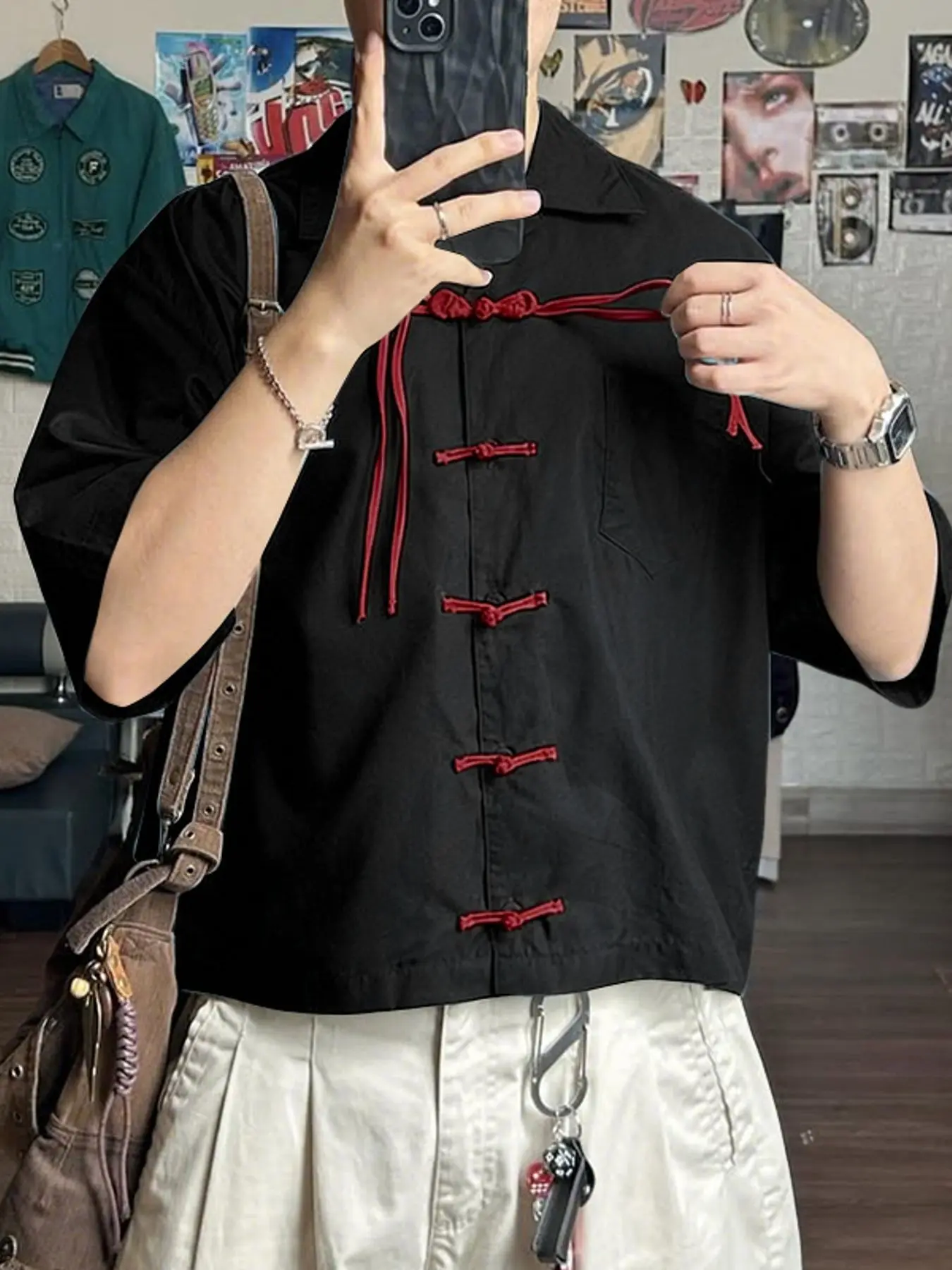 INCERUN Men's Patchwork Button-Down Casual Shirt, Loose-Fit Short Sleeve Top, Ideal for Summer Daily Wear, Trendy Chinese Style Clothing
