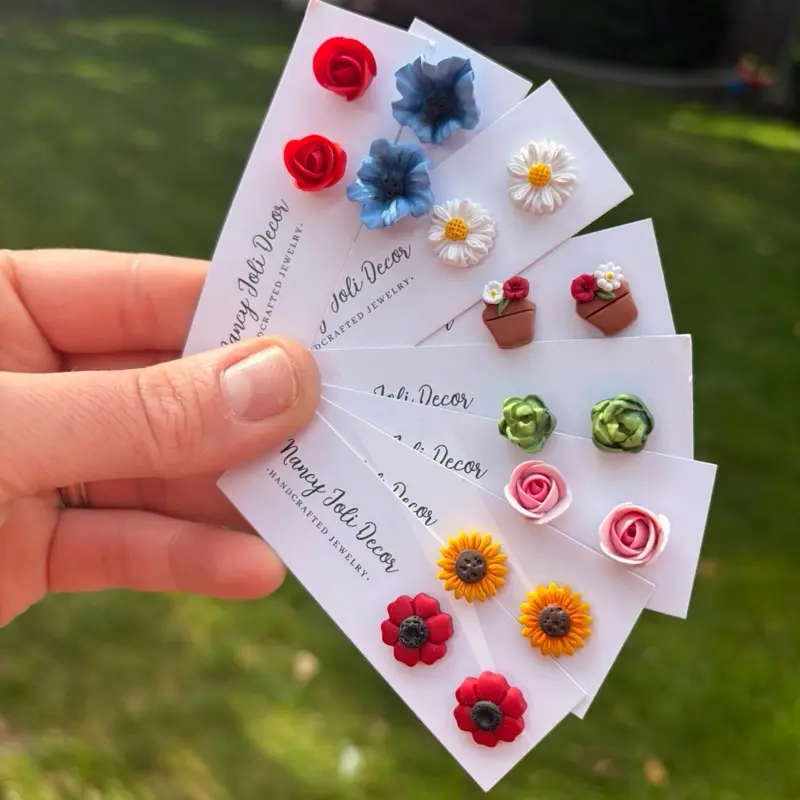 Flower studs polymer clay earrings lightweight stainless steel sunflower rose daisy