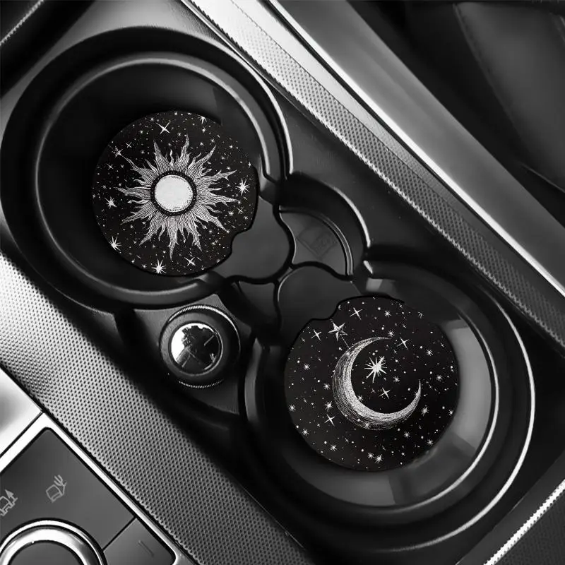 Star & Moon Pattern Car Coaster, 2 Counts Round Car Cup Holder Coaster, Car Interior Decoration Accessories for Women & Men, Car Accessories