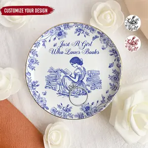 Book Lover Jewelry Dish Chinoiserie Decor | Literary Trinket Tray for Women | Vintage Book Stack Ring Dish Reader Gift | Just A Girl Who Loves Books | Bookish Gifts | Nerd Book | Bookworm Gifts