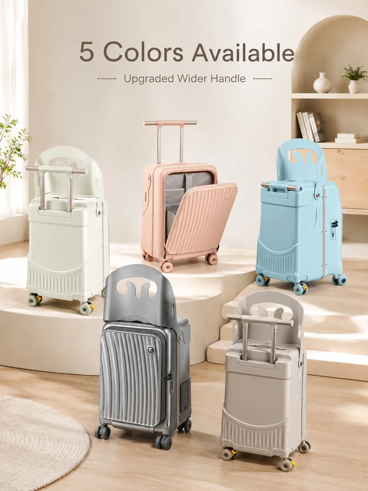 Upgraded Rideable Luggage with Seat, Seatbelt & Buckle - Front-Opening Design, Silent 4-Wheels 360° Rotation Spinners with Brakes, 40L Large Capacity, PU Leather, Mesh, Anti-Theft TSA Lock - Lightweight Stylish Carry-On for Airport Travel, Family Trips