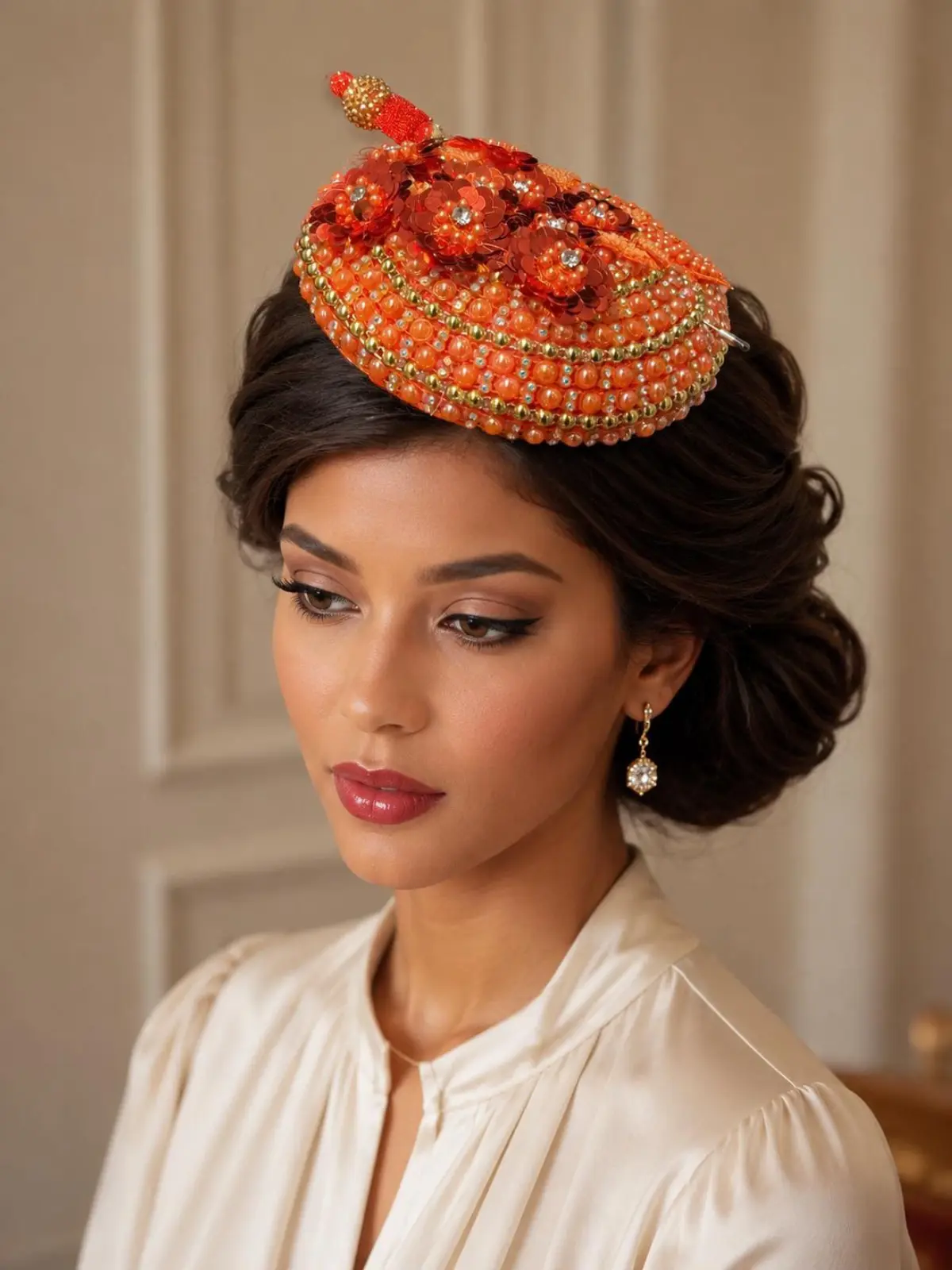 Elegant Orange & Gold Beaded Fascinator Hat – Luxury Church Hat for Women, Derby Hat, Tea Party Headpiece