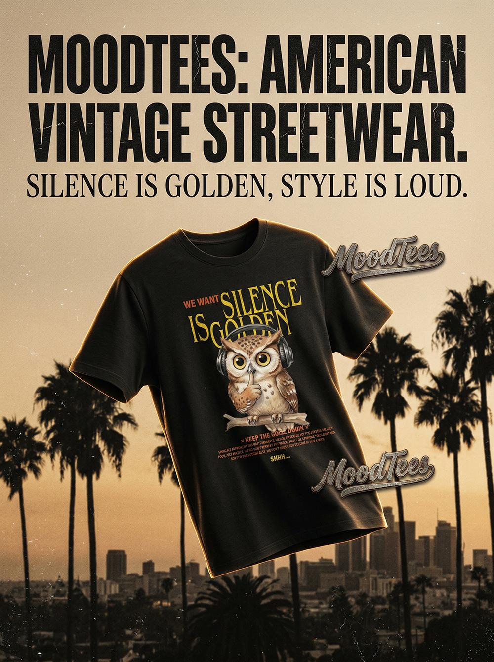 MoodTees Vintage Owl Graphic T-Shirt – American retro black short-sleeve tee, animal print shirt, 100% cotton, soft breathable fabric, comfortable relaxed fit, trendy streetwear, casual everyday wear, perfect for layering and gifts