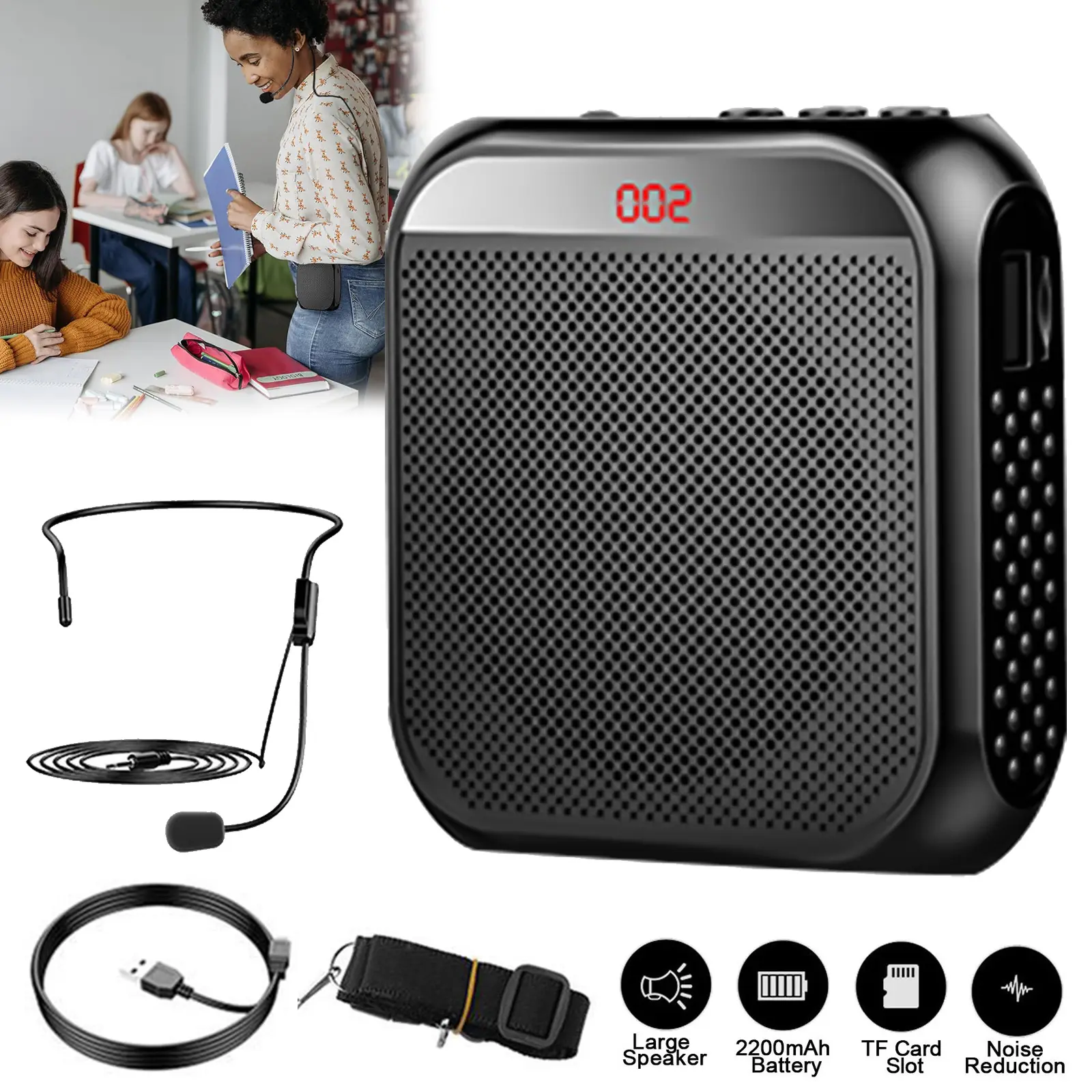 Portable Voice Amplifier for Teachers, 2200mAh Rechargeable Personal Amplifier Mic PA System Headset Microphone with Speaker for Teachers, Training, Meeting, Tour Guide, Yoga, Classroom