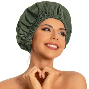 Reusable Shower Cap for Women, Large Waterproof Shower Bonnet Washable Elastic Band Bath Hair Hat for Long Hair, Braids(Green)