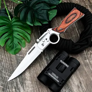 Outdoor lighting folding knife 440C with ordinary blade and redwood handle