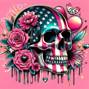 1PC 5D diamond painting  2d flat printing  American Flag Skull Diamond Painting Kit 5D DIY Rhinestone Art with Pink Roses Heart Floral Pattern Home Decor Craft Gift for Adults Kids Wall Decoration