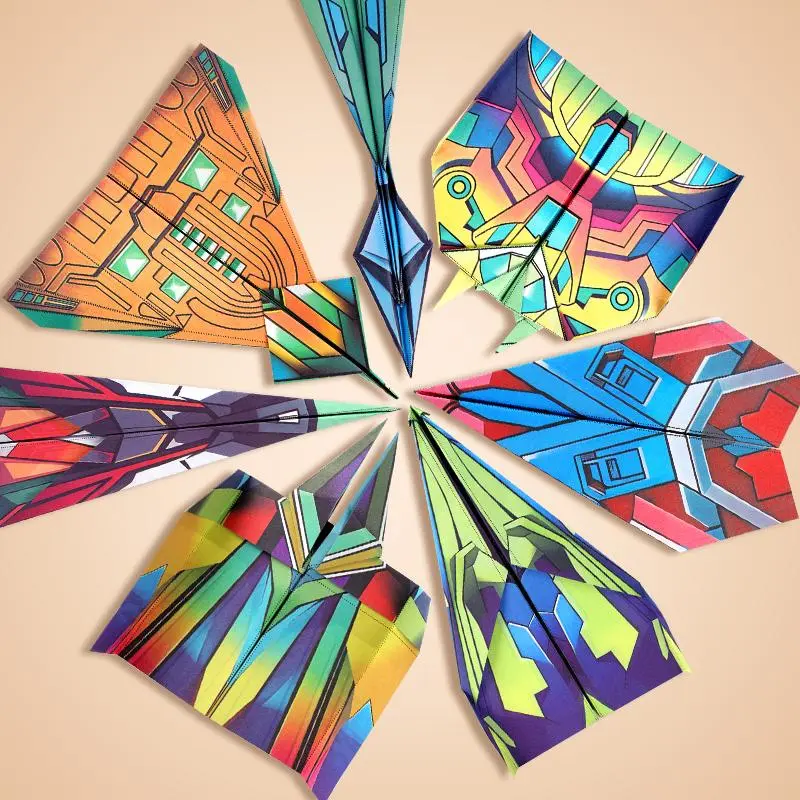 Paper airplane origami special handmade toy 3D color cardboard (1 set), DIY paper art brain advanced toy, DIY origami airplane set parent-child interactive 3D color origami