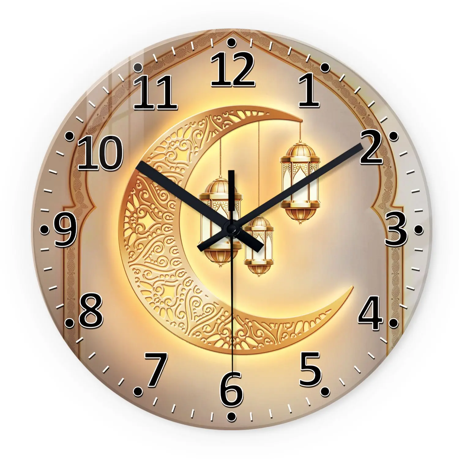 Islamic Moon Analog Decorative Wall Clock, 4mm Tempered Glass, Home Decor, Living Room Bedroom Decor, Silent Quartz, Office Decoration, No Battery Included
