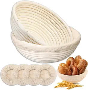 Natural Rattan Bread Proofing Basket Set of 2 (9 Inch Round) with 4 Linen Liners, Bread Basket for Sourdough Bread Baking Supplies