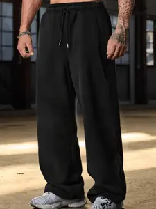Men's Black Baggy Wide-Leg Sweatpants, Comfortable Fleece-Line Trousers with Elastic Waistband and Drawstring, Casual Street Style Loose-Fit Pants, Geometric, Ideal for Streetwear, Hangouts and Everyday Wear, Casual Fit Bottoms