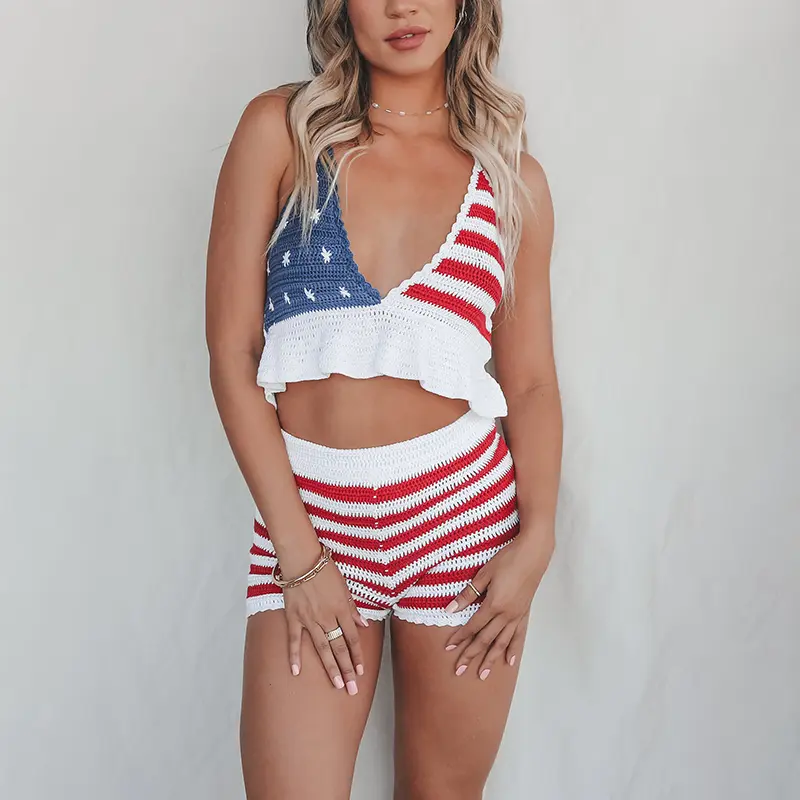 Women's 4th of July Knit Outfits Stripe Star Halter Neck Ruffled Tank Tops + Shorts Casual Streetwear