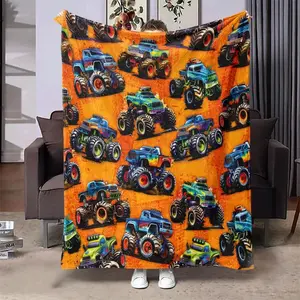 Cartoon Monster Truck Pattern Blanket, Super Soft Flannel Blanket- Suitable For Use on Sofas, Beds, or For Travel, Gentle on The Skin, an Excellent Gift Multi-Purpose Holiday Blanket, Warm and Soft, Suitable For All Seasons