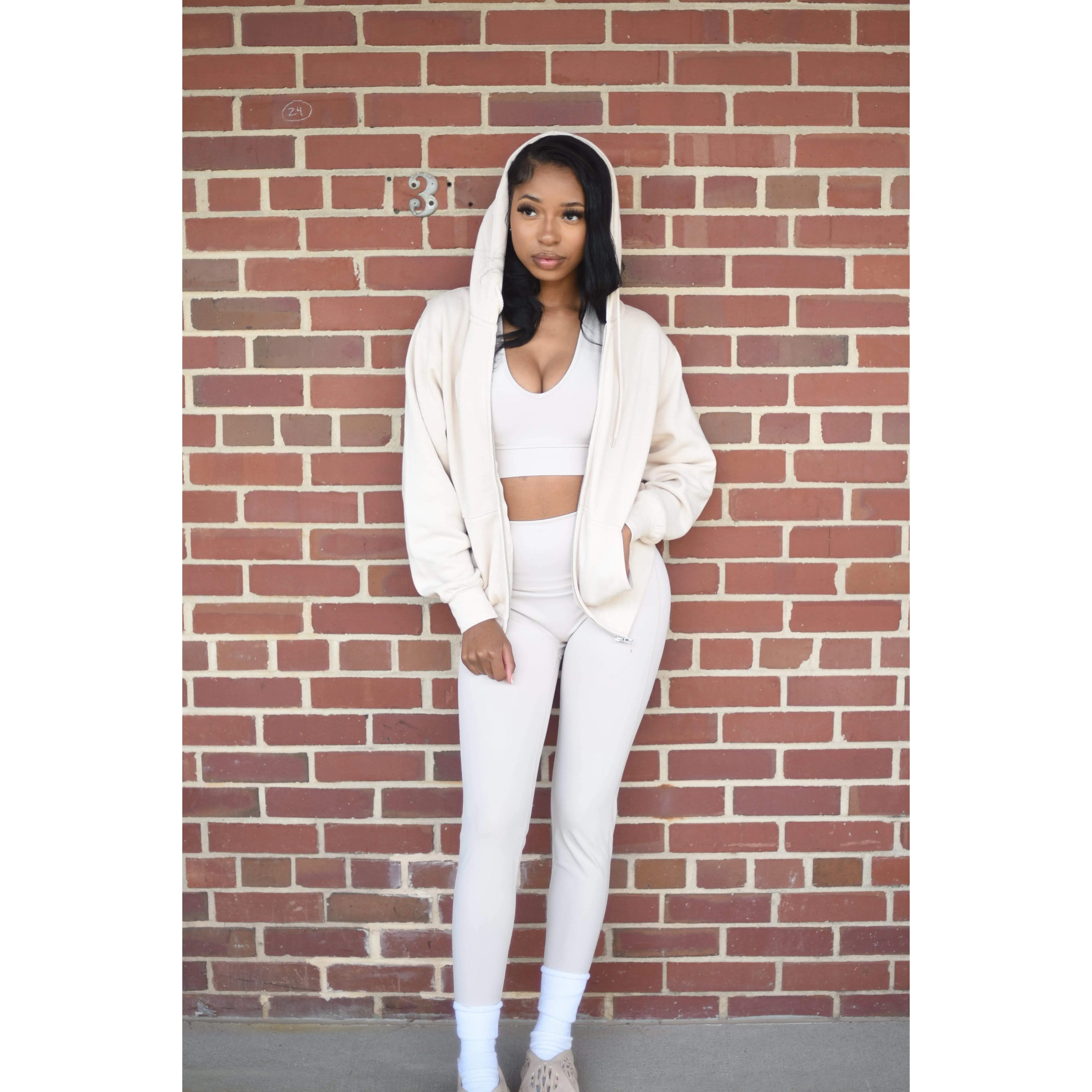 Casual Zip Up Hoodie- Cream