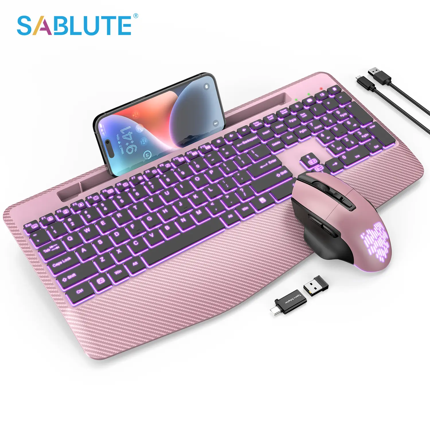 SABLUTE KL8 Wireless Keyboard and Mouse Backlits(non-bluetooth), Wrist Rest, LED Mouse, Rechargeable Keyboard with Phone Holder, Silent Light Up Combo