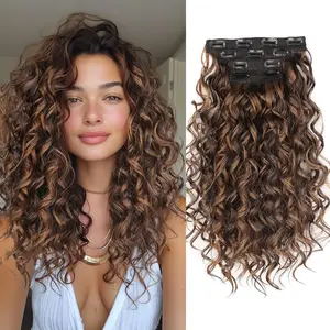 QGZ Curly Clip-in Hair Extensions 4PCS 16 inch Dark Brown Natural Bouncy Curls for Women Instant Volume & Length Soft Lightweight Fiber