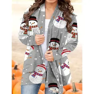 Christmas Cardigan - Santa Claus Snowflake Print Soft Stretch Long Sleeve Open Front Sweater, Machine Washable Comfortable Casual Winter Wear, Essential for Holiday Parties and Family Gatherings Knitwear Tops Womenswear Light Gray