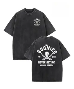 Never Say Die 90s Inspired Graphic Tee with Goonies Design, Drop Shoulder Loose Fit Casual Streetwear for Pop Culture Fans, Double-Sided Print, Round Neck Short Sleeve, Machine