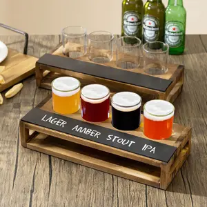 Dark Brown Burnt Wood Sampler Tray Beer Flight Holder Serving Set with 4 Glasses and Erasable Chalkboard Label, Set of 2