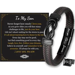 Infinity Leather Bracelet Gifts For Men, Engraved Message Love You Forever Bracelet For Son Husband Boyfriend, Birthday Graduation Gifts for Men