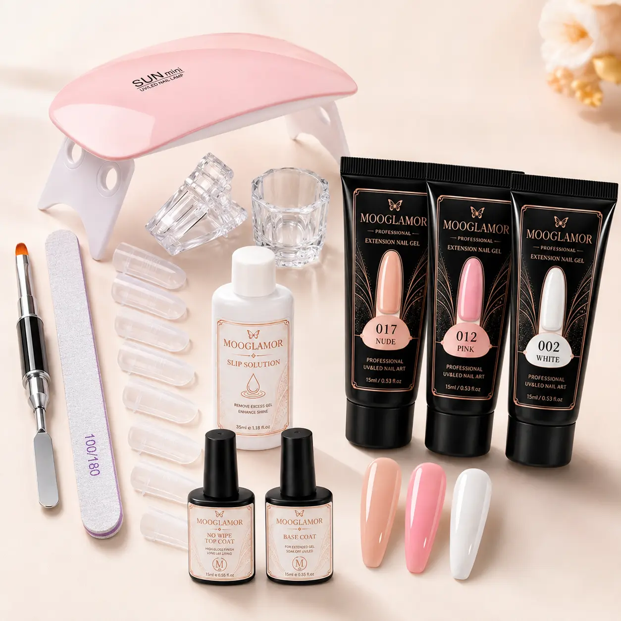 Nail Extension Gel Starter Set for DIY Salon Nail Care, Includes UV-LED Curing Lamp, Slip Solution, Dual Forms, Base & Glossy Top Coats, Brush, Spatula, File, Clips