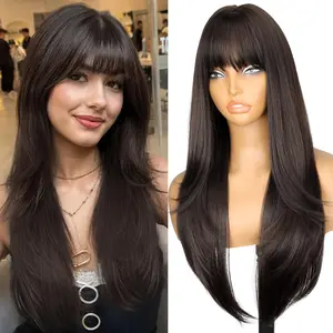 Wear and Go Glueless Wigs Pre Cut for Beginners Synthetic Wig With Bangs Long Straight layered Wigs 26 Inch 3 Seconds to Wear for Women Daily