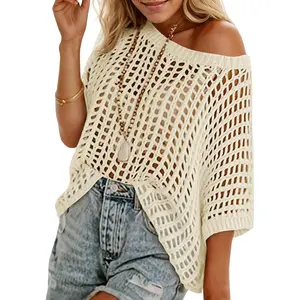 Crochet Sweater Tops Batwing Short Sleeve Oversized Boat Neck Boho Knit Summer Beach Cover Ups