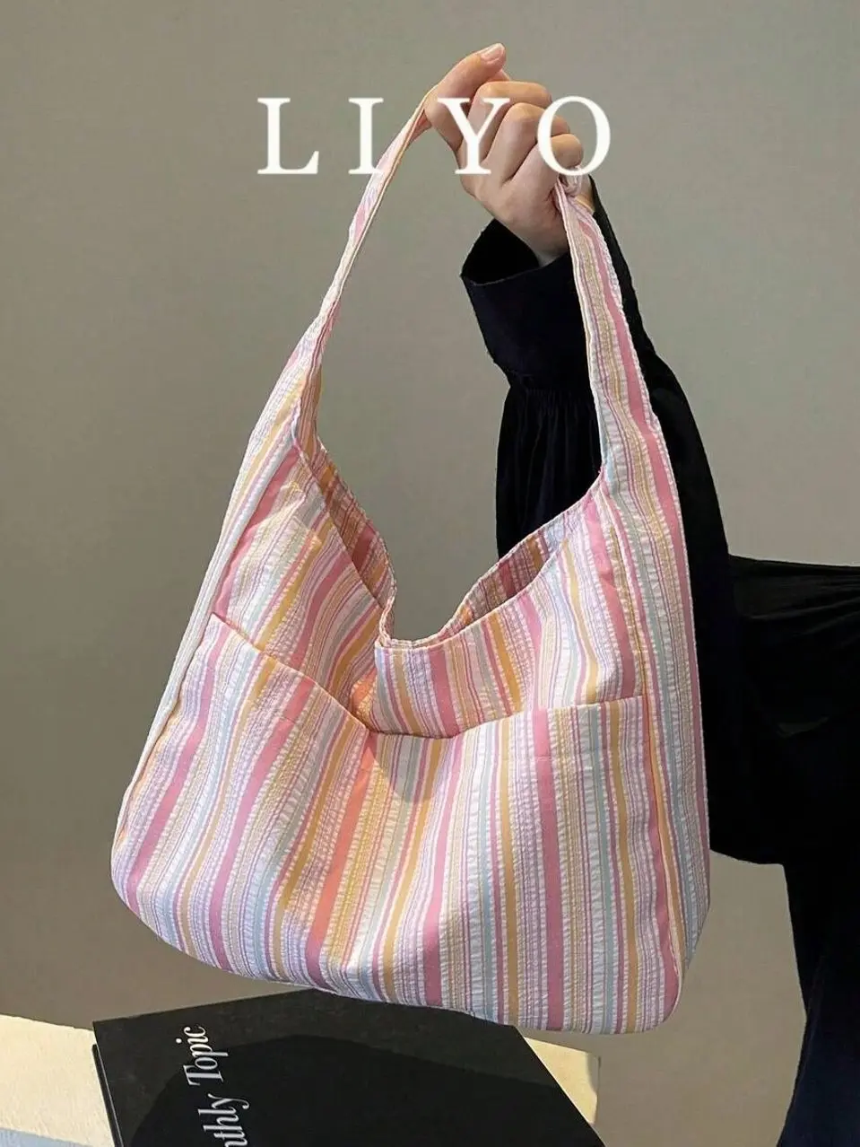 Large Capacity Striped Tote Bag, Versatile Canvas Shoulder Bag, Casual Everyday Shopping Handbag