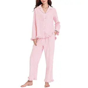 Striped Cotton Pajama Set for Women, Button Down Lounge Set with Pockets, Cozy PJs Relaxed Fit Sleepwear Cute Womenswear