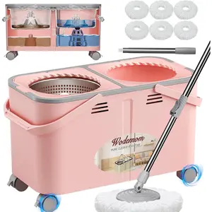 2025 Upgraded Gen 2 Spin Mop and Bucket Set with 4 Swivel Wheels for Easy Rolling, Separates Clean & Dirty Water, Floor Mop with 6 Washable Mop Heads for Wood, Tile, Vinyl, Baseboards - Pink