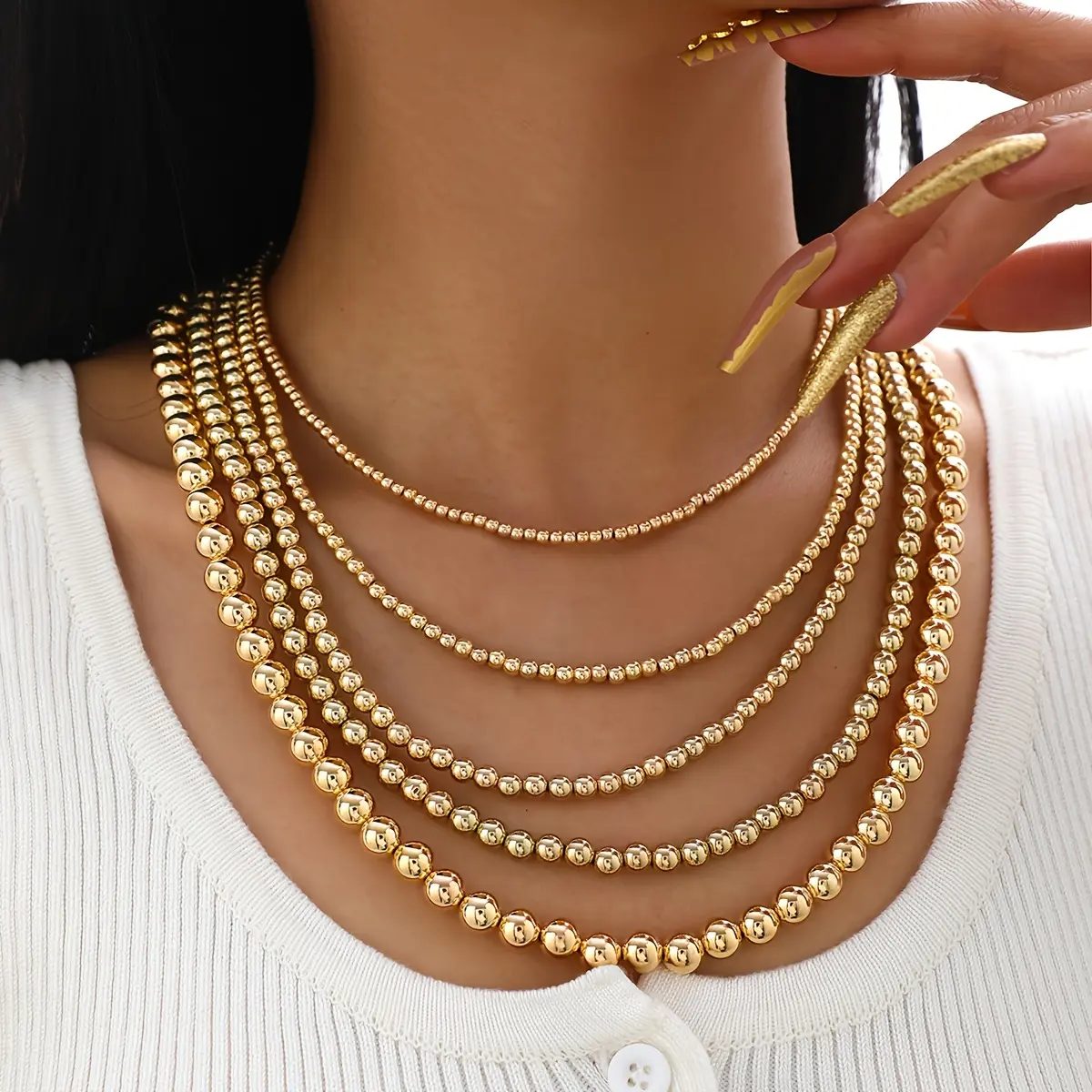 5PCS Mixed Sizes Golden Beads Necklace Set Multi-layer Handmade Stackable Beaded Necklace Bohemian Vintage Women Party Wedding Engagement Anniversary Jewelry Necklace Set