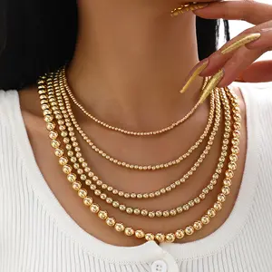 5PCS Mixed Sizes Golden Beads Necklace Set Multi-layer Handmade Stackable Beaded Necklace Bohemian Vintage Women Party Wedding Engagement Anniversary Jewelry Necklace Set