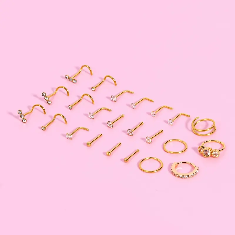 23Pcs Set 20G Nose Ring Studs 316L Stainless Steel Nose Rings Hoops Round CZ Heart L Shaped Nose Stud Hypoallergenic Nostril Piercing Jewelry for Women Men