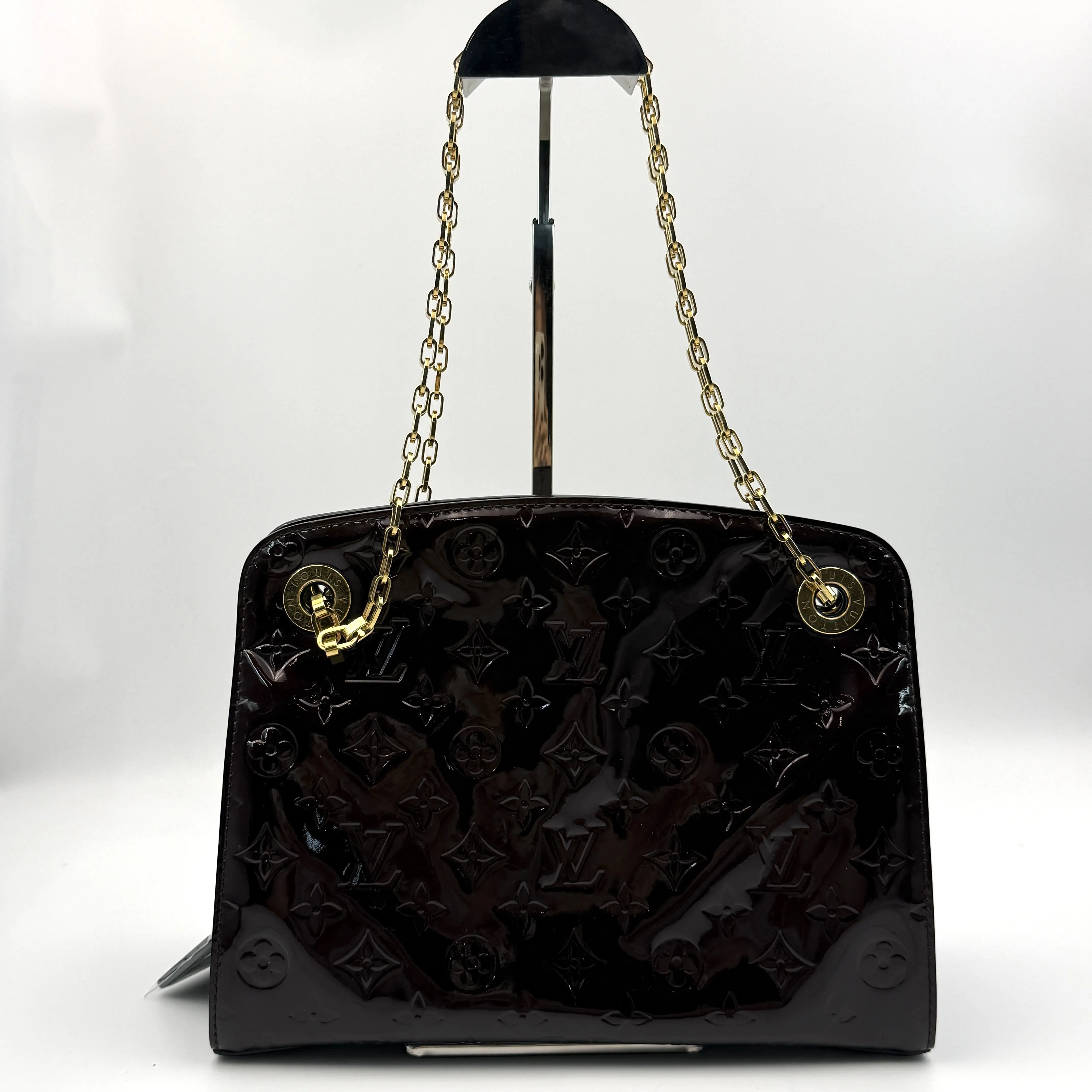 Pre-owned Louis Vuitton Pre‑owned Montaigne Monogram Vernis Patent Leather Chain Tote Bag Gold Hardware24815688