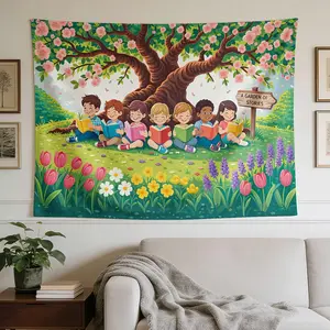 Childhood Tapestry Decoration - Horizontal Decor, Suitable Home, Dormitory, Bedroom |   A vibrant room filled with illustrations and stories, decorated with
