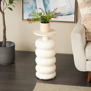 Cream Teak Wood Handmade Carved Bubble Inspired Side End Accent Table with Marble Tabletop