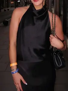 This Satin Halter Top is Glam Out Vibes Draped Neck Open Back Sleeveless Blouse