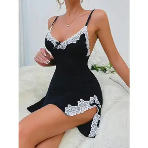 Sexy Sleepwear Women Lace Silk Satin V-Neck Nightgown Split Hem Soft Lingerie Night Dress Sleeveless Sleepwear Female Clothes