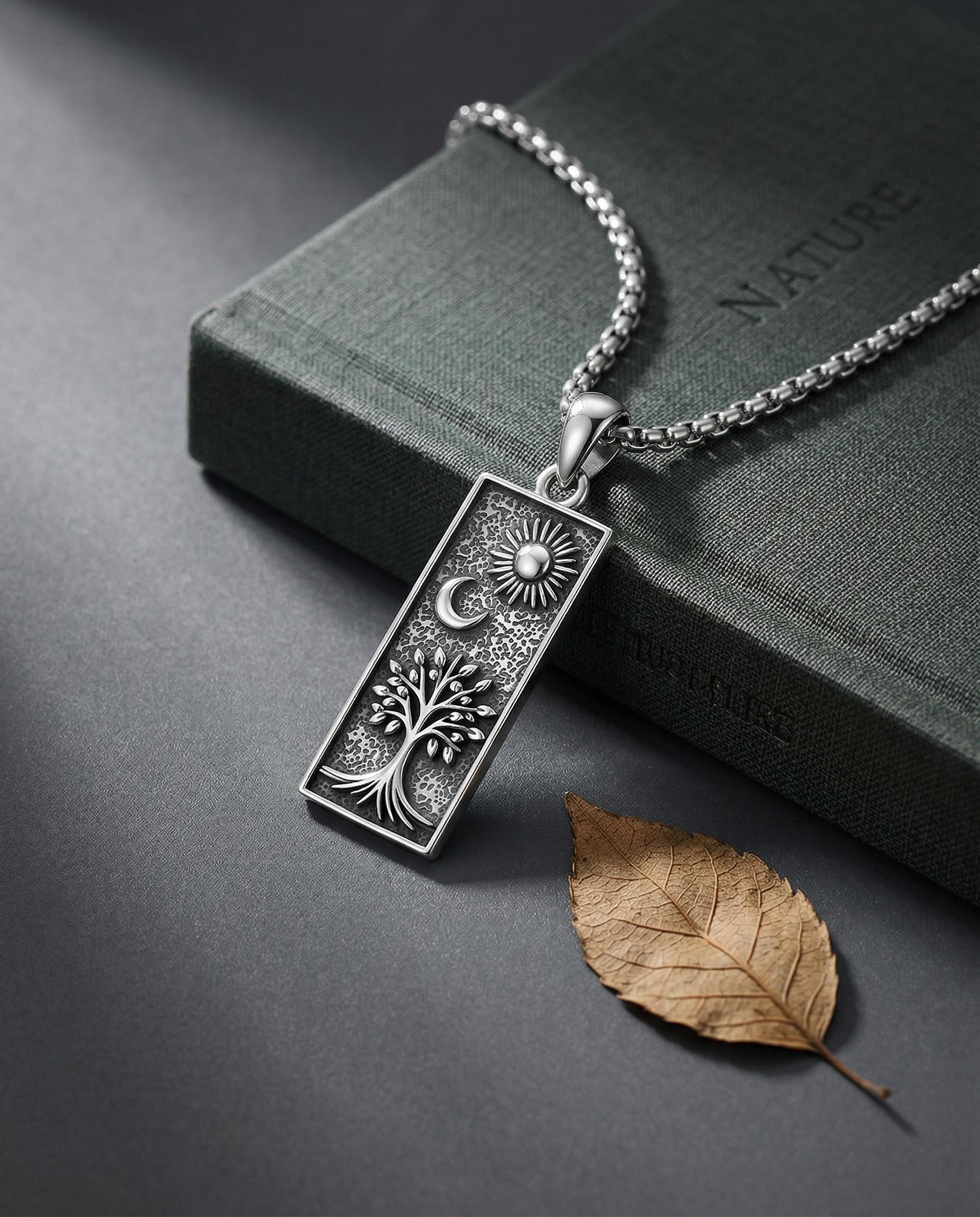 MEIDERBO Dream Chaser Sun Moon Tree of Life Necklace 925 Sterling Silver Oxidized Finish Pendant Bella Chain Stainless Steel Bead Chain 22+2 Inch