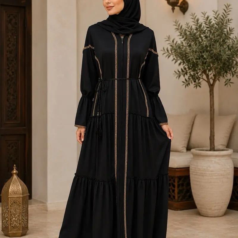 #32 Glamorous Muslim Abaya, 1-Piece Dubai Luxury Style with Matched Hijab, Belt - Hijabi Fashion Essential