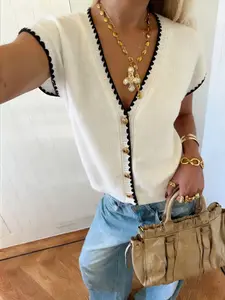 Women's V Neck Short Sleeve Knit Cardigan, Contrast Ruffle Button Top, Slim Fit Summer Sweater Vest, Buttons, Work & Casual Wear, Knitwear, Womenswear