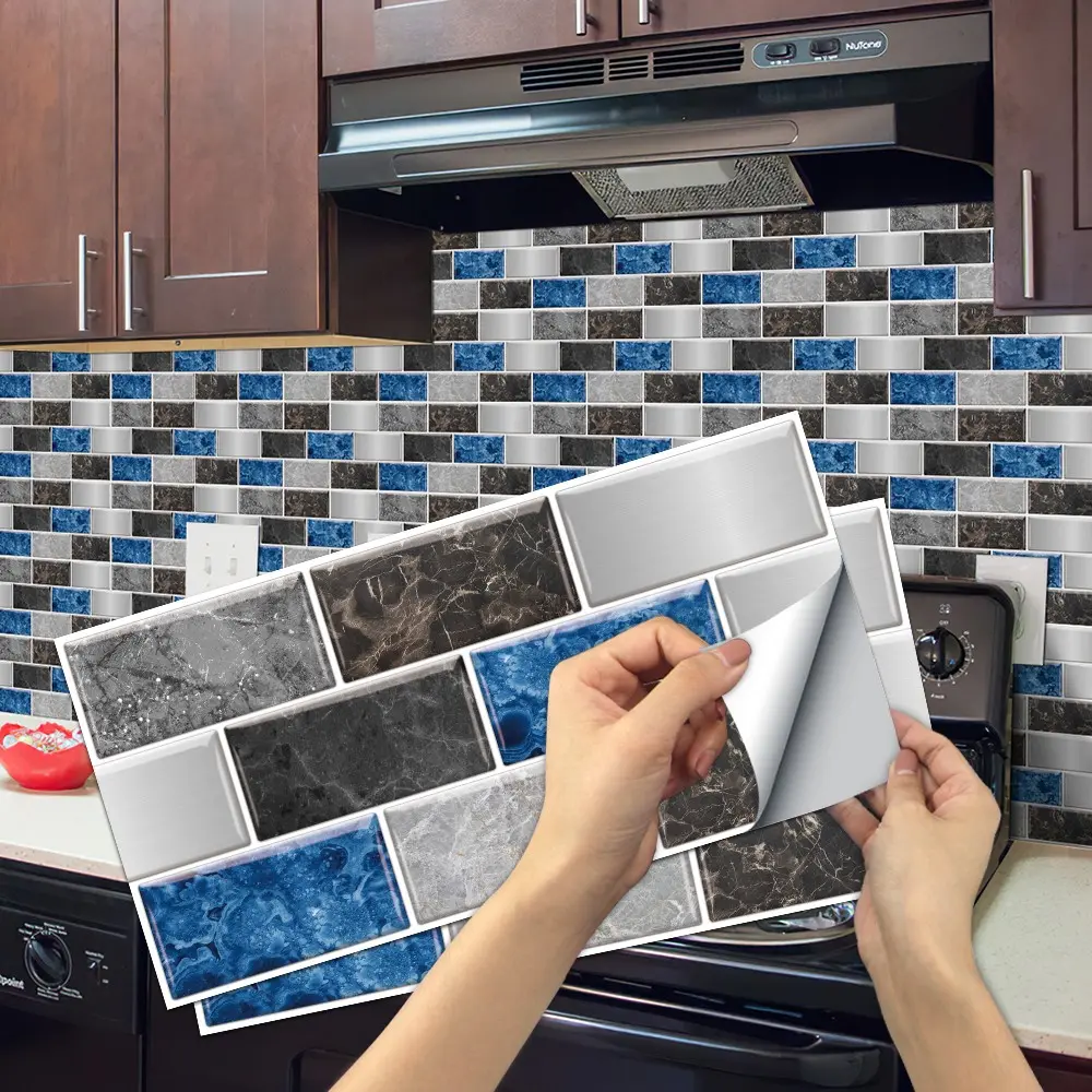 6/12/24/48 PCS FG Retro Tile Stickers Blue Black & Silver Marble Pattern PVC Crystal Film Self-Adhesive Waterproof Oil-Proof Splashback for Kitchen Bathroom Floor Tile Wood Home Decoration