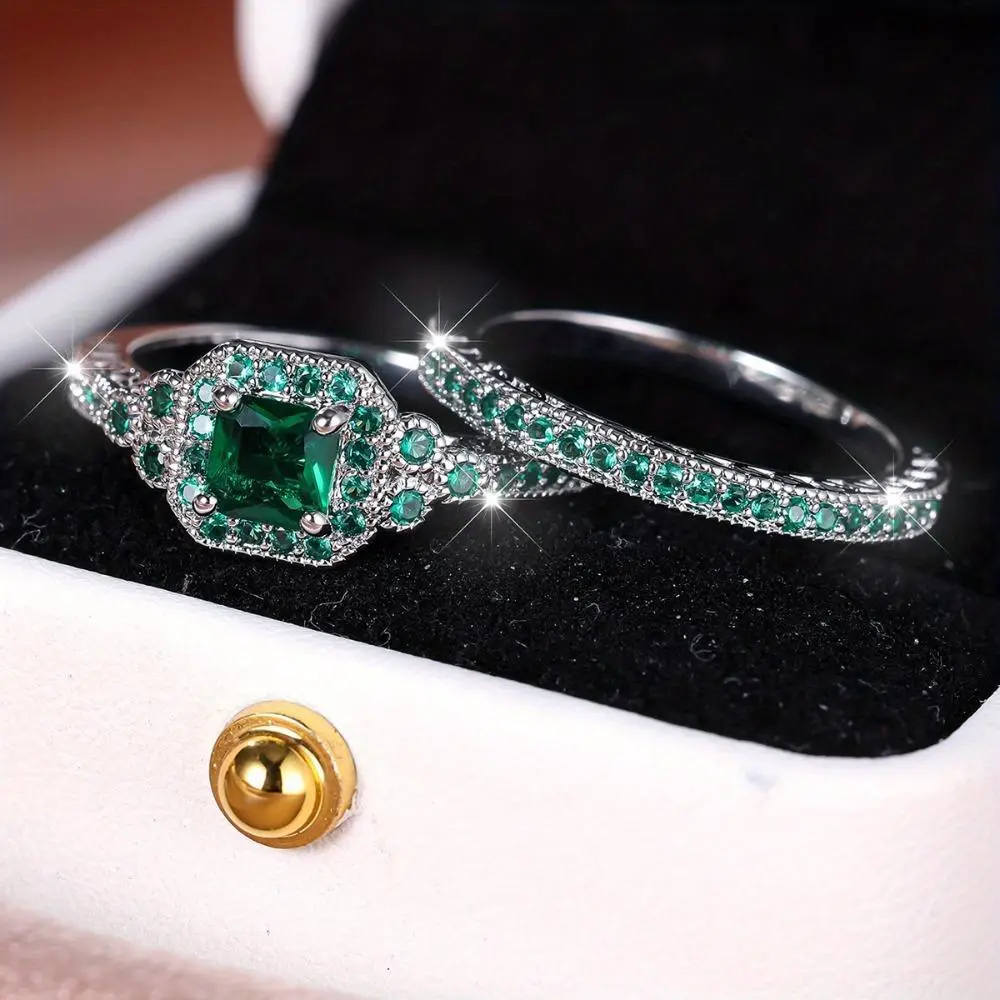 Women's 2-Piece Green Synthetic Copper Rhinestone Ring Set - Matching, Wedding Ring Sets, Modern Couple Band Style, Teen Fashion Costume Jewelry for Daily Wear Festivals