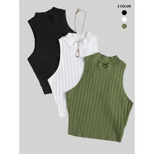 Women’s Textured Mock Neck Cropped Tank Top, Casual Sleeveless Ribbed Top, Summer Clothing for Women for Everyday Wear GARMENTARY