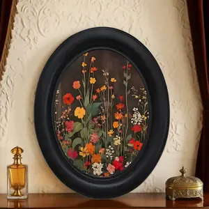 1count，Dark Academy Floral Wall Decor - Victorian Gothic Botanical Art with Red, Yellow, Green,  6.8x8.7 Inch Oval Wall Decor with Black Frame,Display Plaque,Ornate Black Frame - Indoor/Outdoor Hanging Decoration for Living Room, Bedroom, Office.