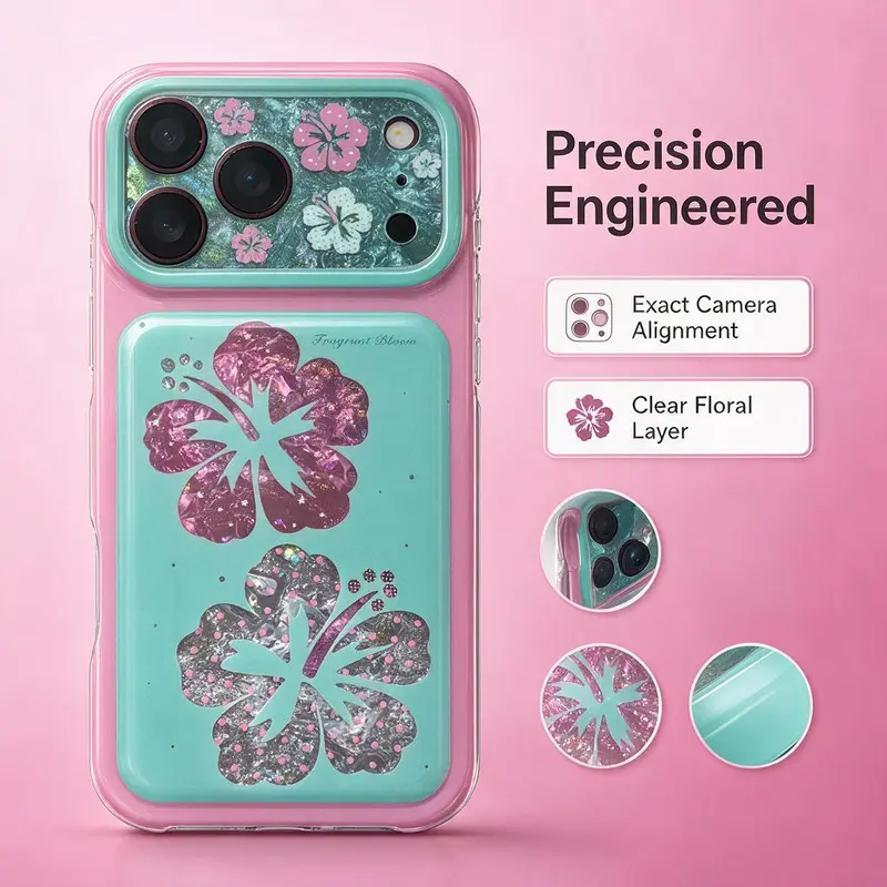Hibiscus Powder Blue Shell Patterned PC IMD Protective Phone Case, Sparkling Diamond Cut Pink Lily Large Camera Window Aesthetic Shell, Phone Accessories for iPhone 13 14 15 16 17 18 ProMax/Pro