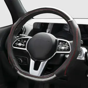 Car Steering Wheel Cover D Shape Anti-Slip Protector Sport Carbon Fiber Cowhide Leather 38cm 15Inch for Honda Audi Toyota BMW