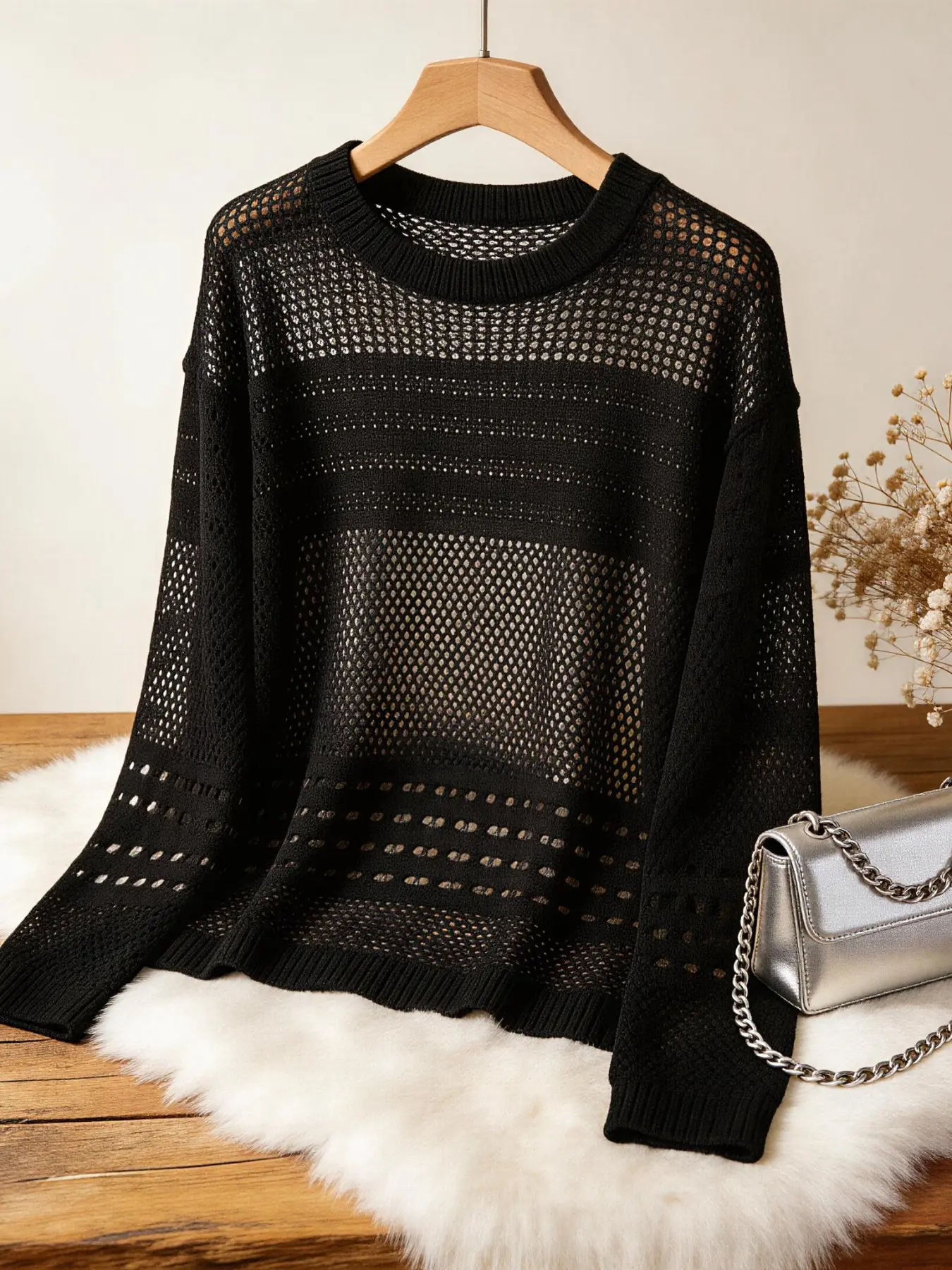 Women's Plus Size Boho Boat Neck Long Sleeve Knit Cardigan, Perfect for Summer Travel, Loose-Fitting, Plain Pattern, Long Length